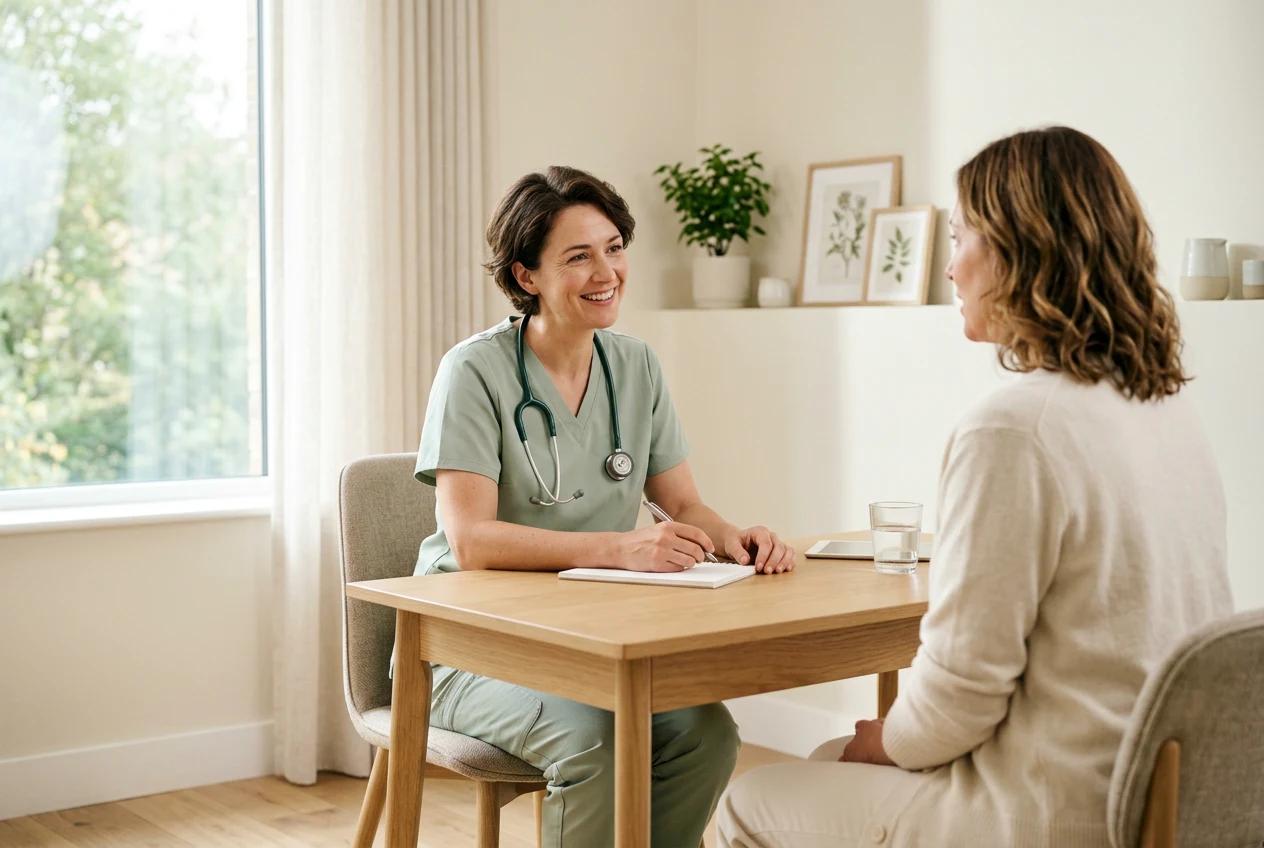 An illustrative consultation scene with a healthcare professional listening to a patient